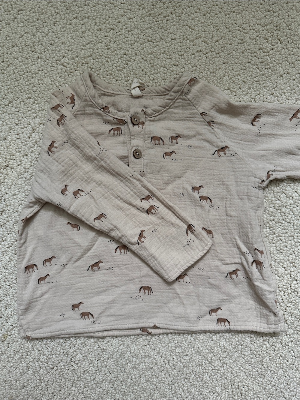 Quincy Mae Beige Long Sleeve Top with Brown Horse Print
